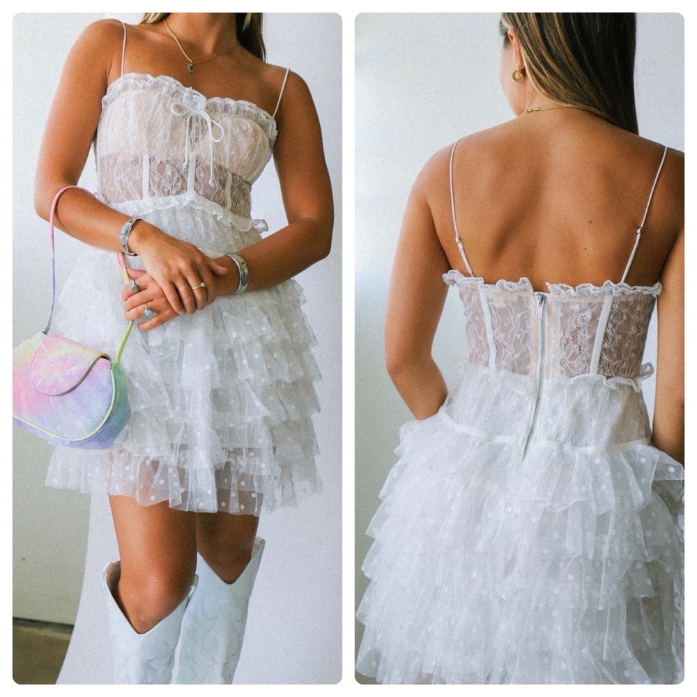 For Love & Lemons Coquette Ballet Romantic Jules Lacy Corset Mini Dress White L - Picture 6 of 16